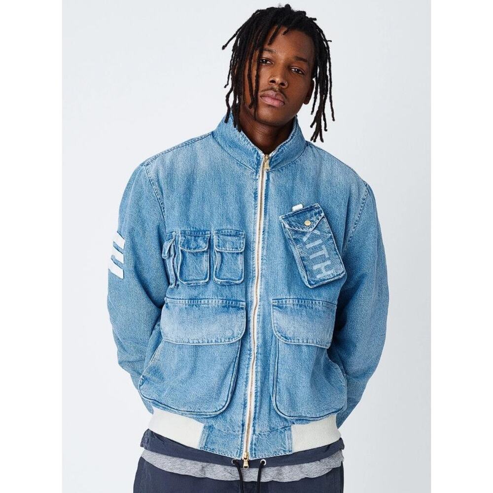 KITH Men's Denim Aviation Bomber Jacket Size L In Hosu 2.0 Wash - Picture 1 of 14